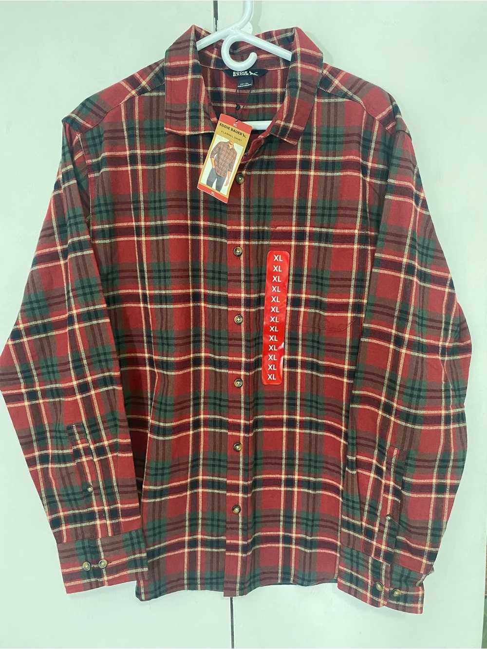 Eddie Bauer Flannel Red Green Cream Plaid Long-Sleeve Button-Down Shirt XL